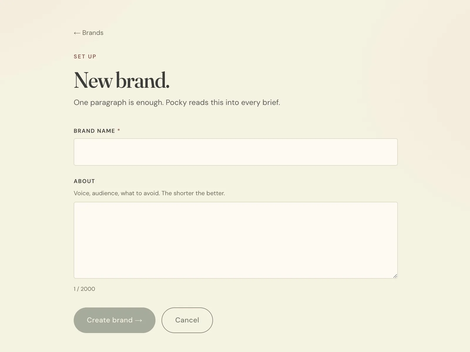 Pocky's new brand form, asking for a brand name and one paragraph about the brand.